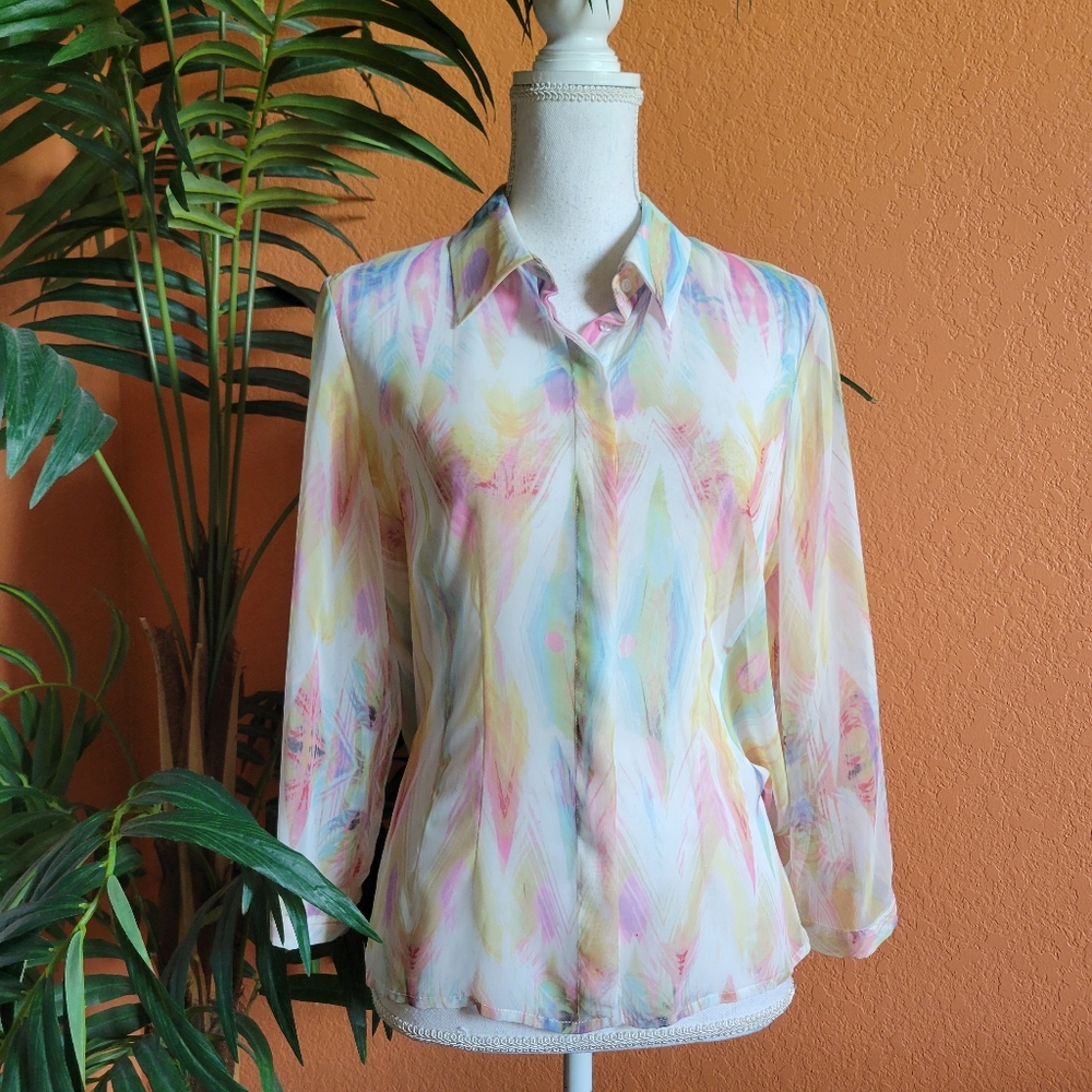 Peter Nygard Petites Semi Sheer Multi Color Blouse Button Down Feather Pastel 10